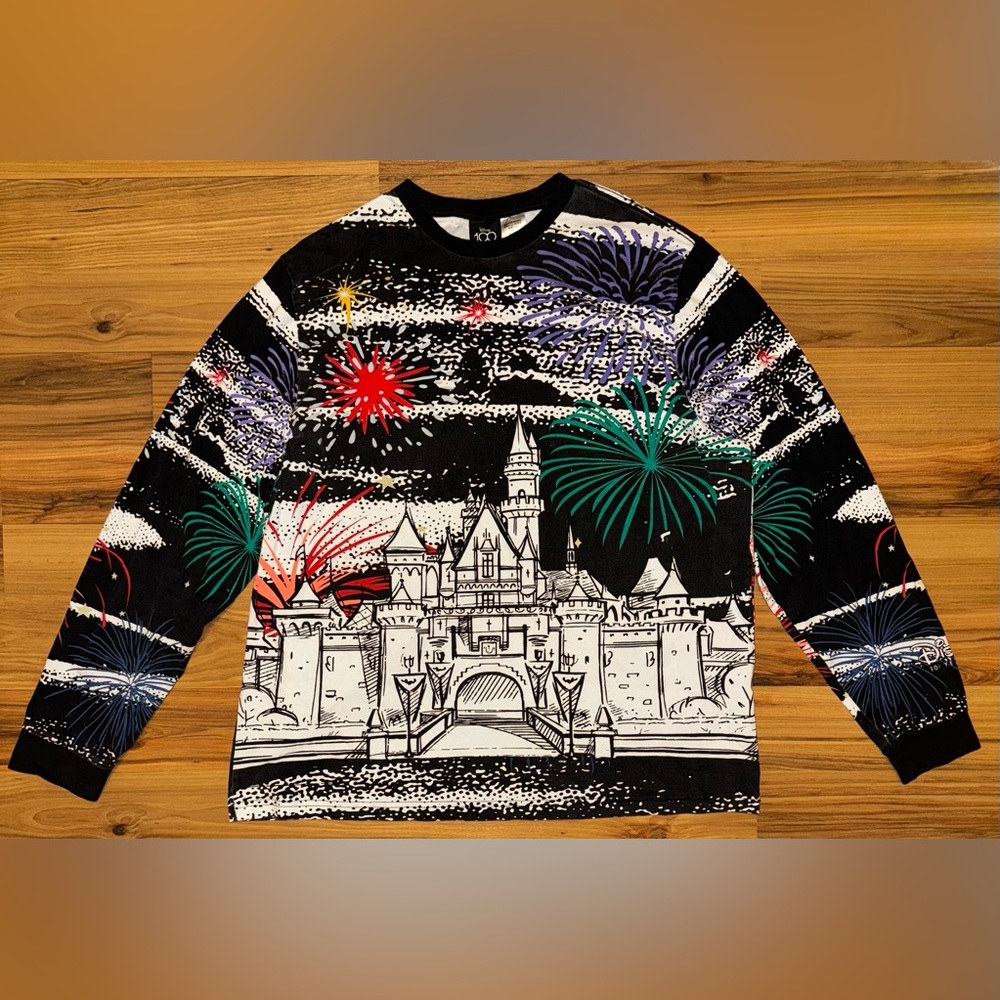 Disney 100 Cinderella Castle AOP Long Sleeve Shirt XL Disneyland Fireworks - Picture 2 of 9